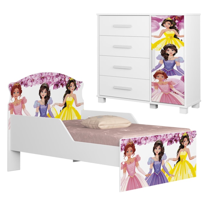 Mini Cama Infantil 153x79 e Comoda 4 Gavetas 1 Porta MDF Livia Princesas Decmade