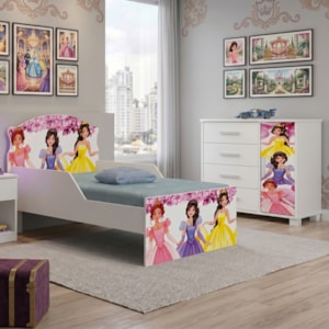 Mini Cama Infantil 153x79 e Comoda 4 Gavetas 1 Porta MDF Livia Princesas Decmade