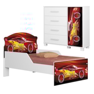 Mini Cama Infantil 153x79 e Comoda 4 Gavetas 1 Porta MDF Livia Vermelho Decmade