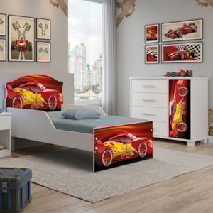 Mini Cama Infantil 153x79 e Comoda 4 Gavetas 1 Porta MDF Livia Vermelho Decmade