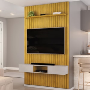 Painel Bancada Tv 60 Pol Ripado 240X144 cm Trento  Cedro Bali Dj Moveis