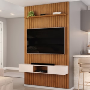 Painel Bancada Tv 60 Pol Ripado 240X144 cm Trento Freijo Off White Dj Moveis
