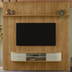 Painel Bancada Tv 75 Pol 245x238 cm Bugatti Cumaru Opala MADETEC