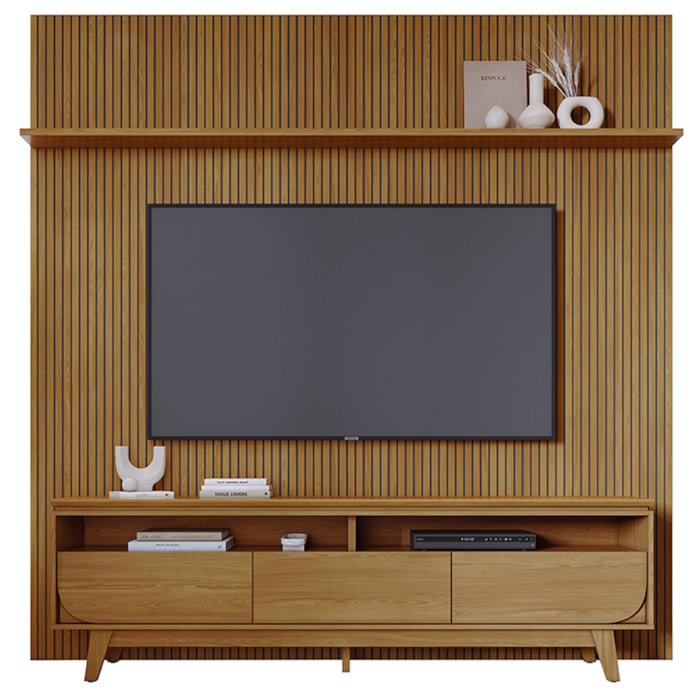 Painel E Bancada Tv 75 Pol 245x238 cm Luna Cumaru MADETEC