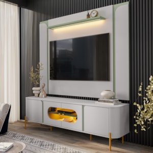 Painel Maresias E Rack Juquehy Tv 75 Pol 180 cm Off White Pistache BECHARA