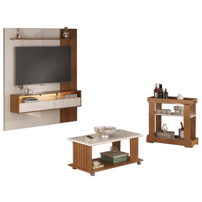 Painel TV 72 Pol 160 cm Carrinho Bar E Mesa De Centro Cinamomo Off White ARLY