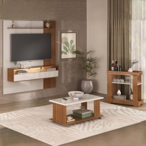 Painel TV 72 Pol 160 cm Carrinho Bar E Mesa De Centro Cinamomo Off White ARLY