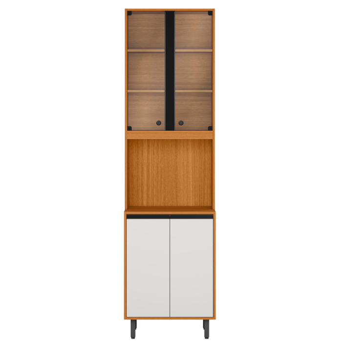 Paneleiro Cristaleira 220x60 cm 4 Portas Vidro Ravena Freijo Off Acetinado POLIMAN