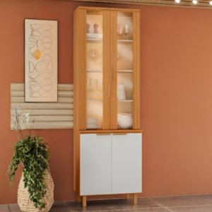 Paneleiro Cristaleira 4 Portas 227x70 cm MDF Bari Freijo Off Acetinado POLIMAN