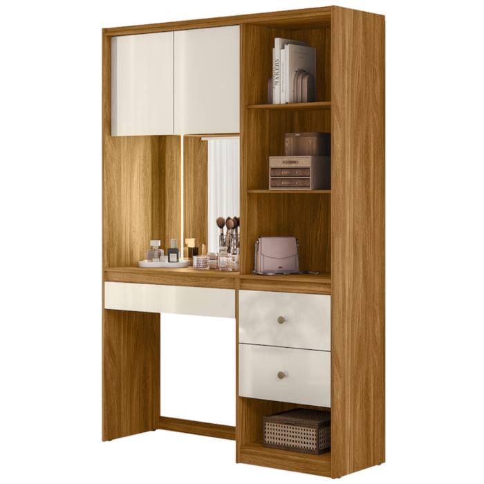 Penteadeira Camarim Com Espelho E Led Lume 2 Gavetas 207 cm Freijo Off White Moval