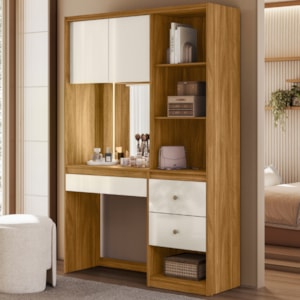 Penteadeira Camarim Com Espelho E Led Lume 2 Gavetas 207 cm Freijo Off White Moval