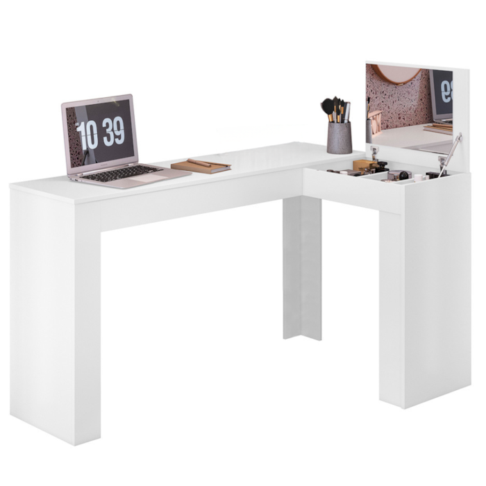Penteadeira Escrivaninha Canto Com Espelho 135x82 cm Jade Branco Fosco MOBLER