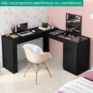 Penteadeira Escrivaninha Canto Com Espelho 136x136 cm New Star Preto Fosco MOBLER