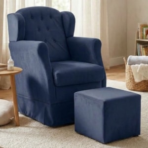 Poltrona de Amamentacao Balanco e Puff Malu Suede Azul Marinho MPassos