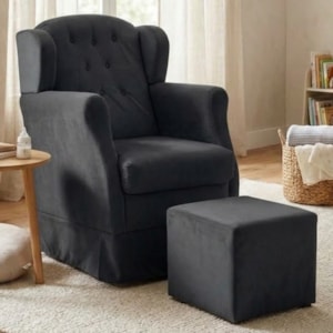 Poltrona de Amamentacao Balanco e Puff Malu Suede Preto MPassos