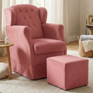 Poltrona de Amamentacao Balanco e Puff Malu Suede Rose MPassos