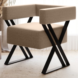 Poltrona Decorativa Pes Metal Mirela Linho Bege Milani Store