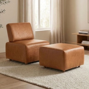 Poltrona Modular e Puff Block Pes Madeira Courino TCS 727 MOLL