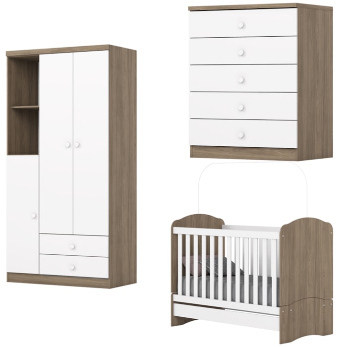 Quarto Infantil 3 Pecas Berco Mini Cama Bala De Menta Rustico Branco Henn