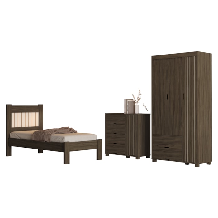 Quarto Solteiro Bela Cama Comoda E Guarda Roupa MDF Chocolate Off Decmade