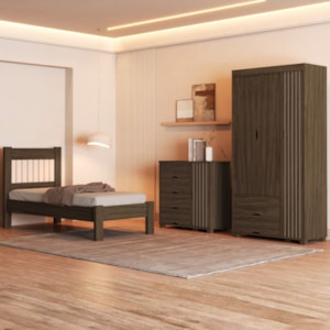 Quarto Solteiro Bela Cama Comoda E Guarda Roupa MDF Chocolate Off Decmade