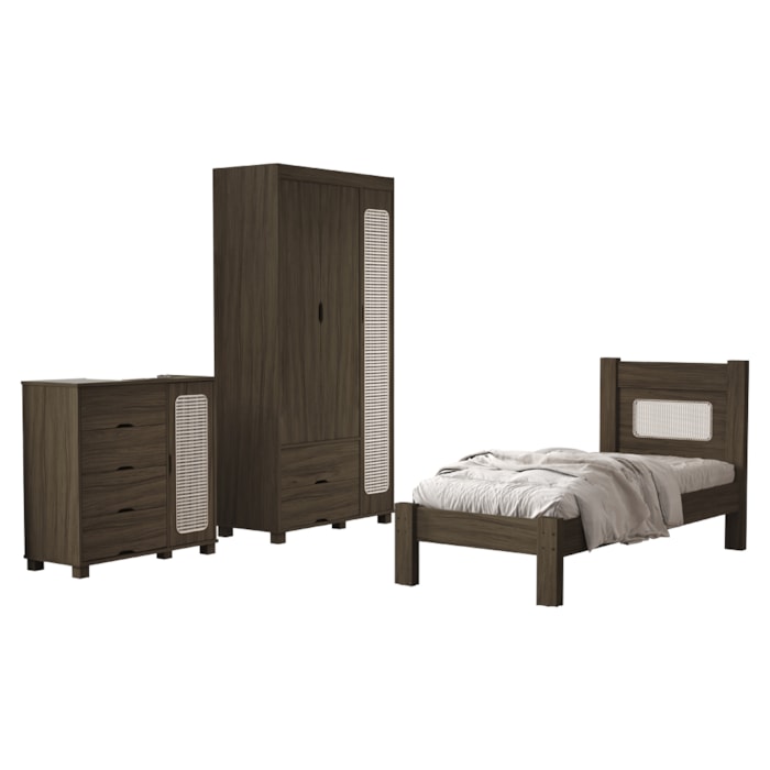 Quarto Solteiro Clara Cama Comoda E Guarda Roupa MDF Chocolate Decmade