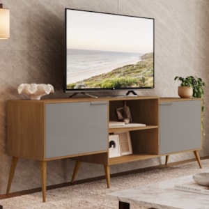 Rack Bancada Para TV 65 Pol 2 Portas 180 cm Prime Carvalho Cinza RUDK