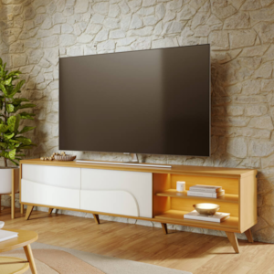 Rack Bancada Para TV 75 Pol 217 cm Amalfi Com Led Pes Madeira Naturale Off White Matte CLB