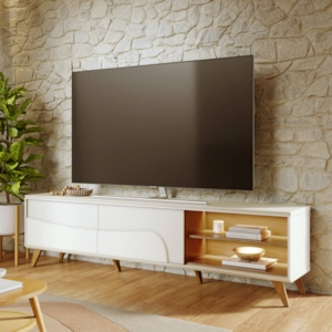 Rack Bancada Para TV 75 Pol 217 cm Amalfi Com Led Pes Madeira Off White Matte Freijo CLB