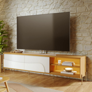 Rack Bancada Para TV 75 Pol 217 cm Amalfi Com Led Pes Metal Naturale Off White Matte CLB