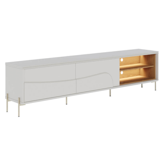 Rack Bancada Para TV 75 Pol 217 cm Amalfi Com Led Pes Metal Off White Matte Freijo CLB