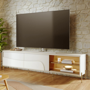 Rack Bancada Para TV 75 Pol 217 cm Amalfi Com Led Pes Metal Off White Matte Freijo CLB
