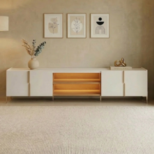 Rack Bancada Para TV 75 Pol 240 cm Maggiore Com Led Pes Metal Off White Matte Freijo CLB