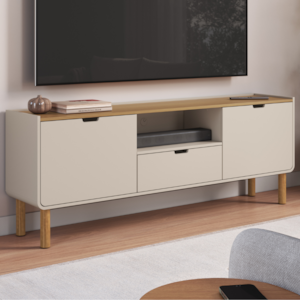 Rack Bancada TV 65 Pol 2 Portas 180 cm Pes Madeira Maciça 28101 Hanover Off White Artesano