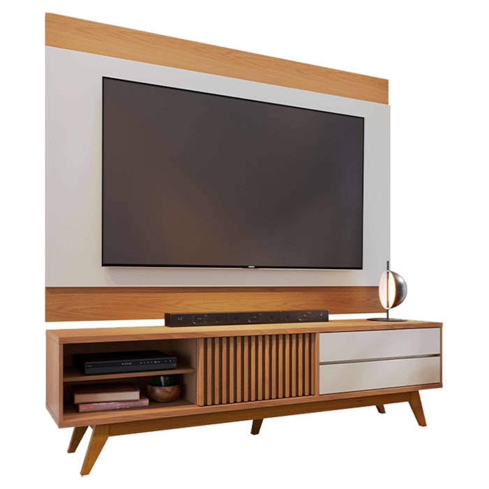 Rack Veneza e Painel Nilo Tv 75 Pol 200 cm Freijo Off White Matte Colibri