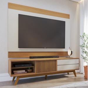 Rack Veneza e Painel Nilo Tv 75 Pol 200 cm Freijo Off White Matte Colibri