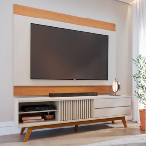 Rack Veneza e Painel Nilo Tv 75 Pol 200 cm Off White Matte Freijo Colibri