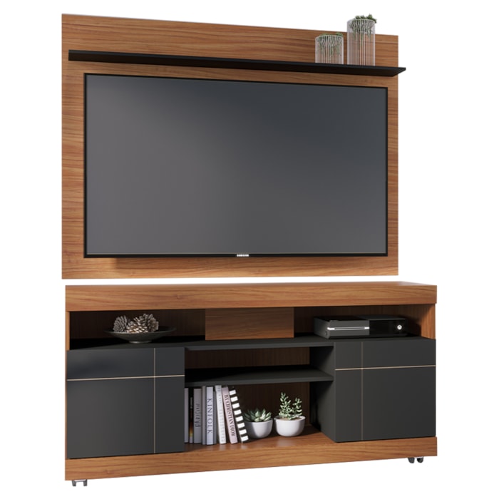 Rack Yara e Painel Maia Tv 55 Pol 136 cm 5016 Noce Milano Preto Colibri