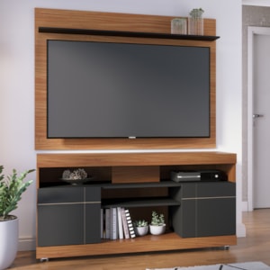 Rack Yara e Painel Maia Tv 55 Pol 136 cm 5016 Noce Milano Preto Colibri
