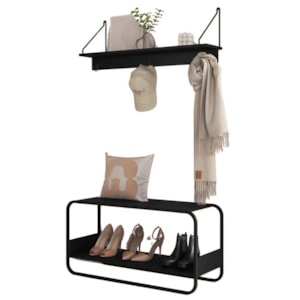 Sapateira Banco Luna 90 cm Pes Metalicos e Prateleira Oslo Nero Preto Artesano