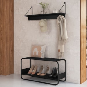 Sapateira Banco Luna 90 cm Pes Metalicos e Prateleira Oslo Nero Preto Artesano