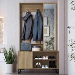 Sapateira Cabideiro Com Espelho 1 Porta 100 cm P1067 Oak Preto PP Milani Store