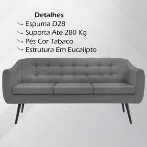 Sofa 3 Lug Pes Tabaco 175 cm 7019 Linho Cinza Dmobiliario