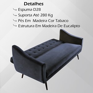 Sofa Cama 3 Lug Pes Tabaco 210 cm 7019X1 Veludo Azul Marinho Dmobiliario