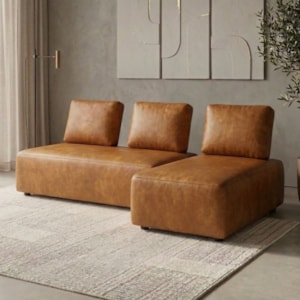 Sofa Modular 2 Lugares E Chaise Block Pes Madeira Courino TCS 727 MOLL