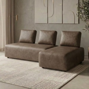 Sofa Modular 2 Lugares E Chaise Block Pes Madeira Courino TCS 729 MOLL