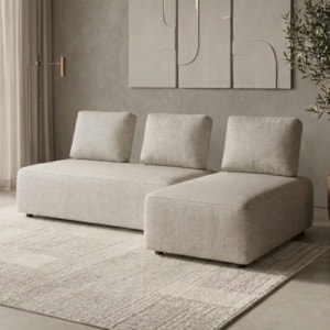 Sofa Modular 2 Lugares E Chaise Block Pes Madeira Linho TCS 701 MOLL
